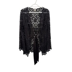 Cabi Black Floral Lace Bell Sleeve Cardigan Satin Tie Waist Womens Medium Fairy
